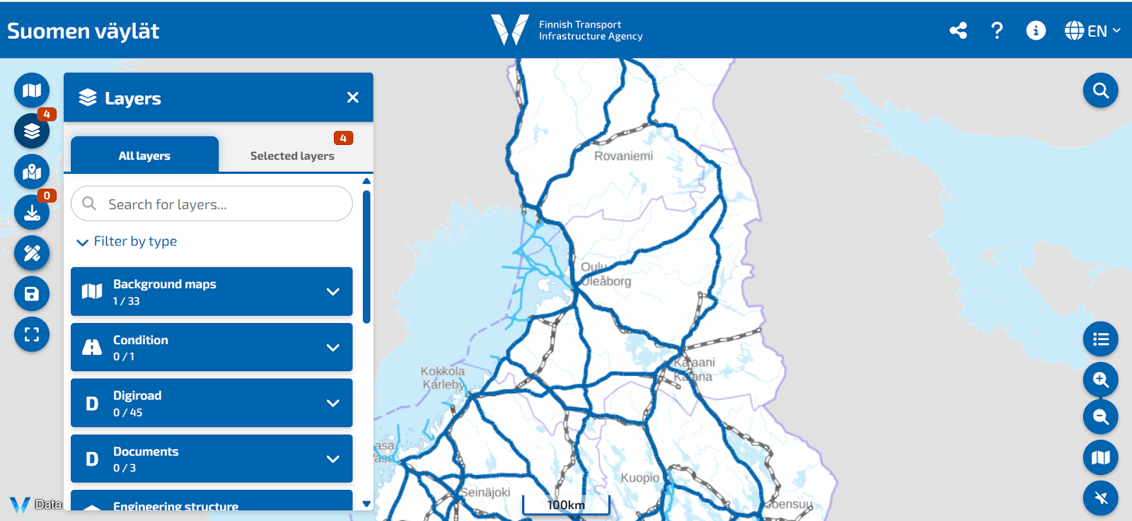 A screenshot of the Suomen Väylät map service.